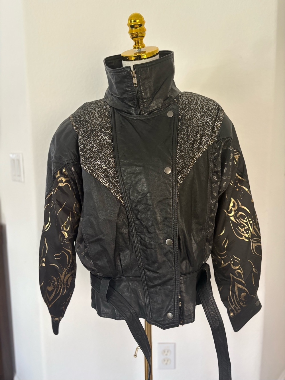 Black Women's Mixed-Material Leather Jacket with Gold Accent
